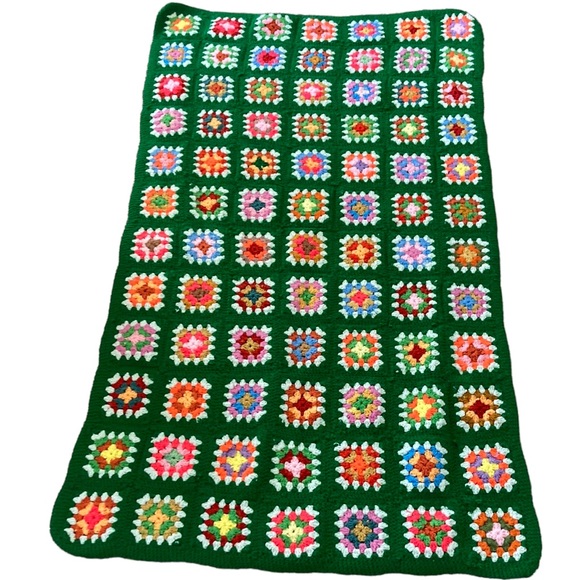 Vintage Other - Vintage Handmade Afghan Green Granny Square Crocheted Blanket